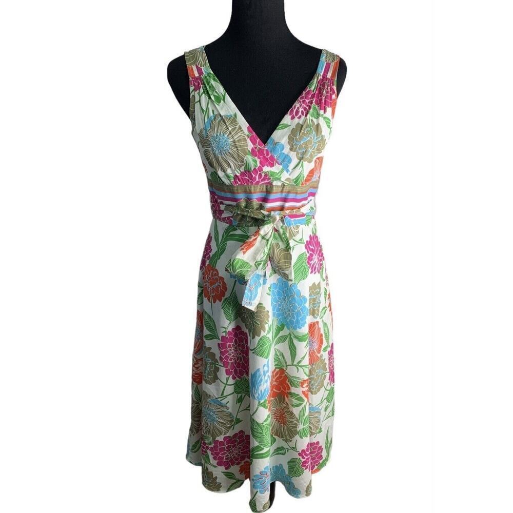Donna Morgan Raffia Floral V Neck Cotton Sun Dress Womens Size 4 NWT $119